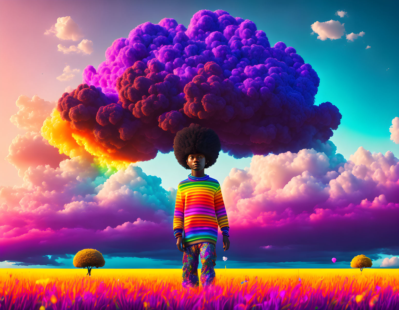 Person with large afro in surreal landscape with vibrant purple cloud, rainbow, and colorful sweater.