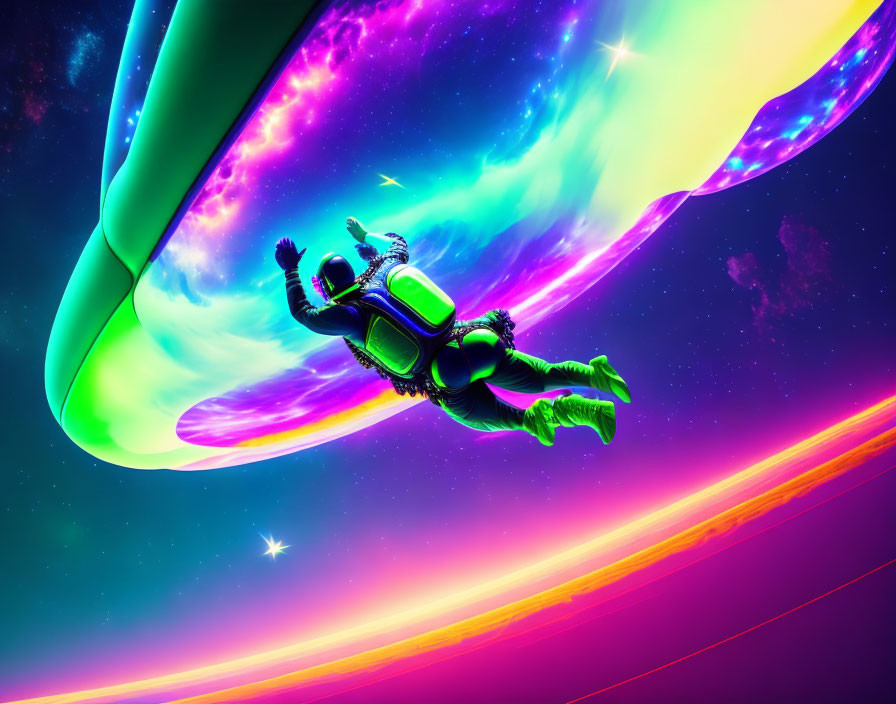 Wingsuit skydiver in vibrant cosmic scene