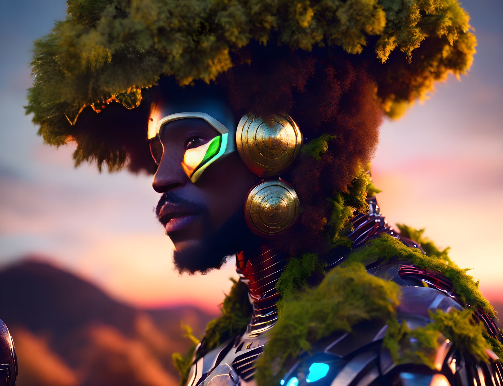 Digital portrait of man in futuristic tribal attire with moss-covered helmet and high-tech visor against twilight sky