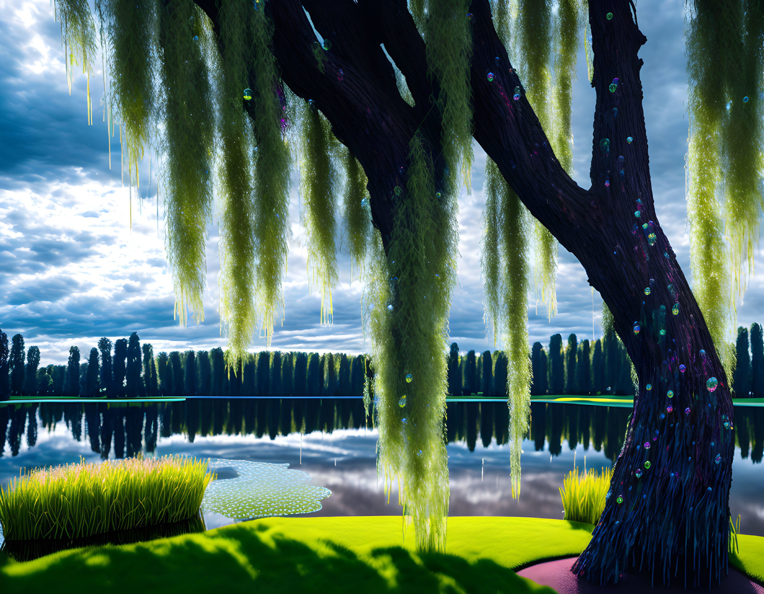 Tranquil digital landscape with willow tree, lake, and glowing lights