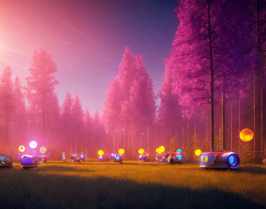 Colorful retro-futuristic cars and vibrant trees in dreamy setting