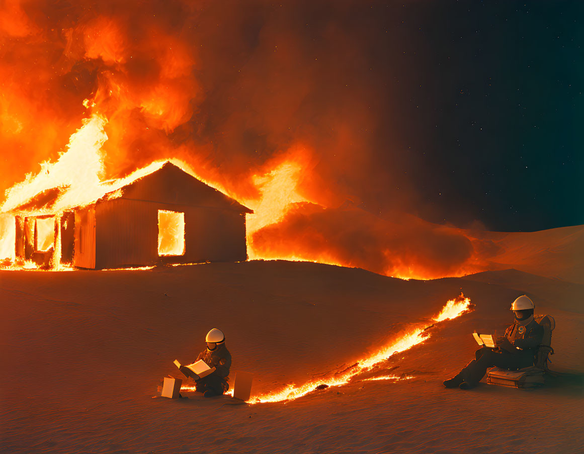 Firefighters reading amidst intense flames in surreal scene