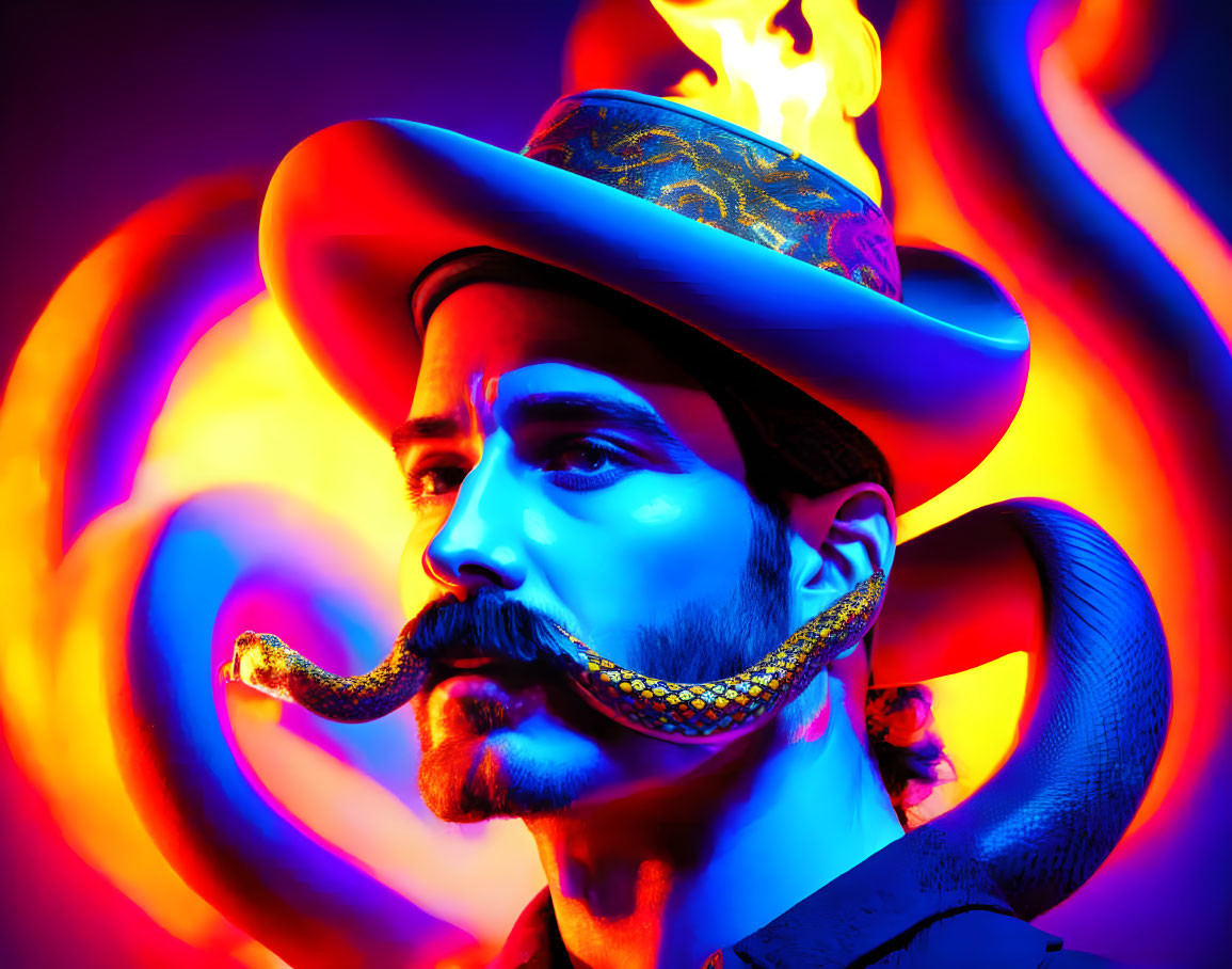 Man with stylized facial hair in flaming hat under vibrant lighting