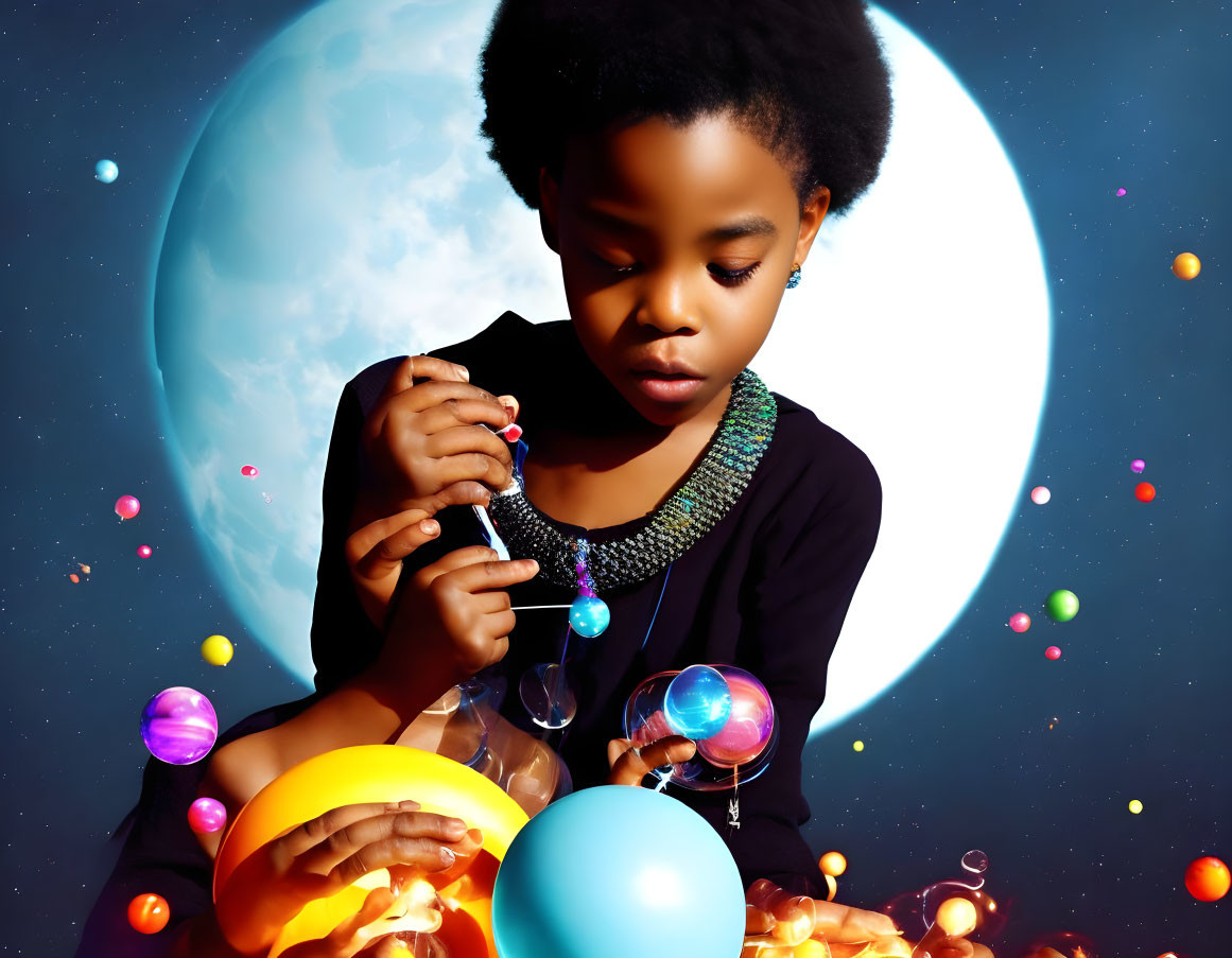 Child with afro plays with bubbles in cosmic scene