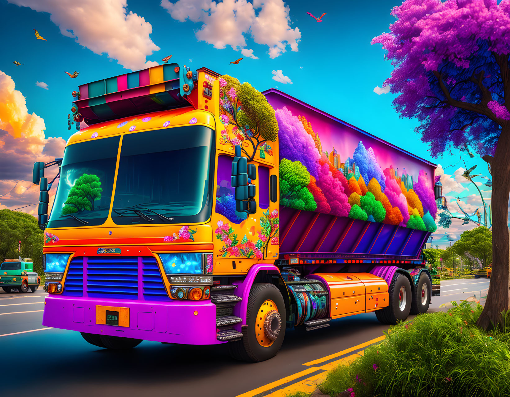 Colorful Truck Driving Under Blue Sky with Purple Tree and Green Foliage