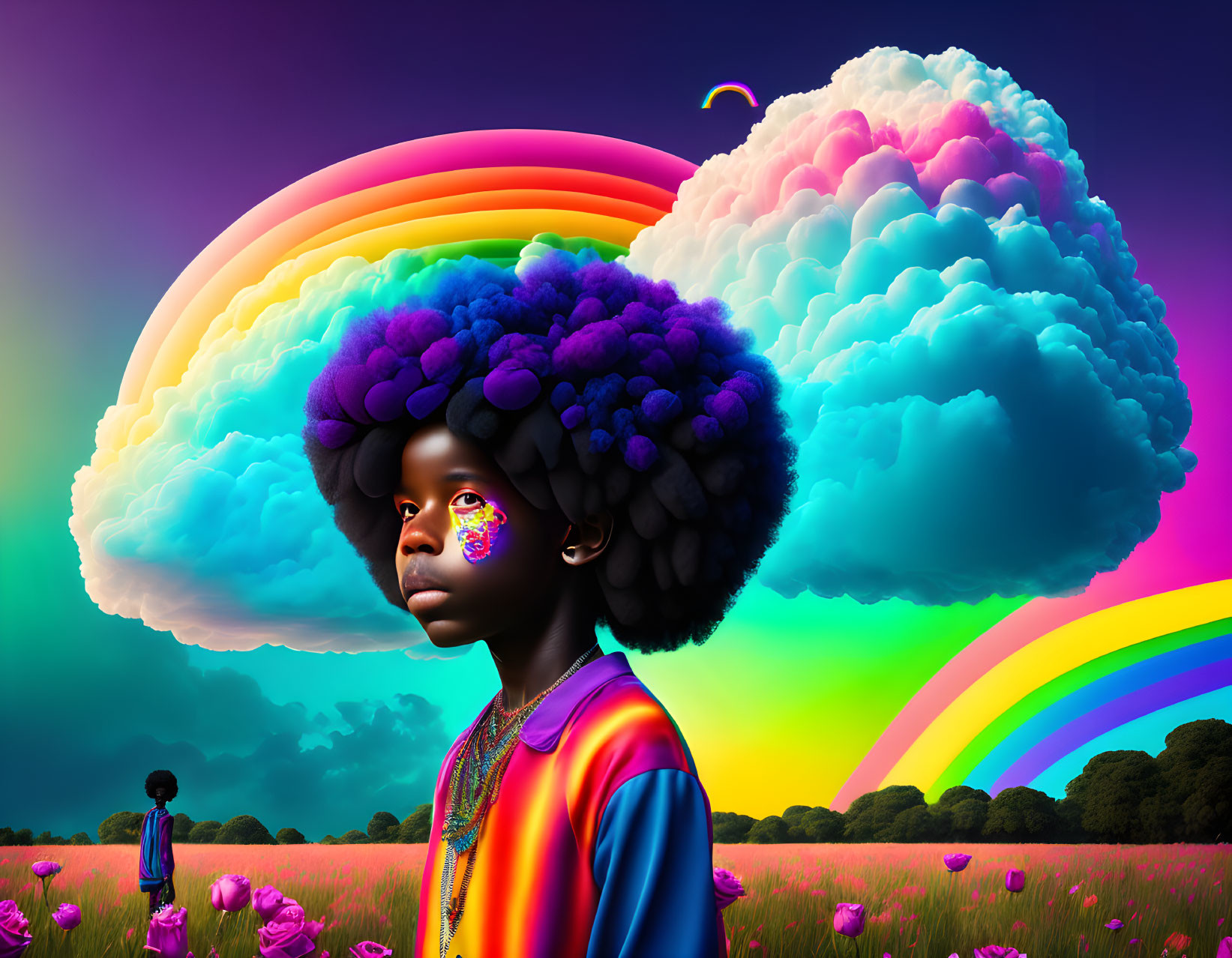 Child with vibrant afro cloud under rainbow in surreal field.