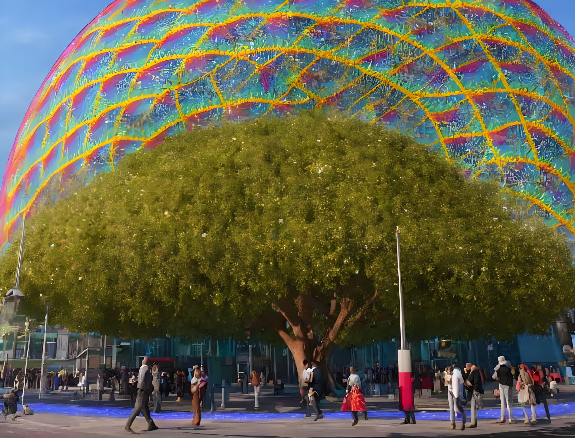 Lush tree and futuristic dome with colorful pattern under blue sky