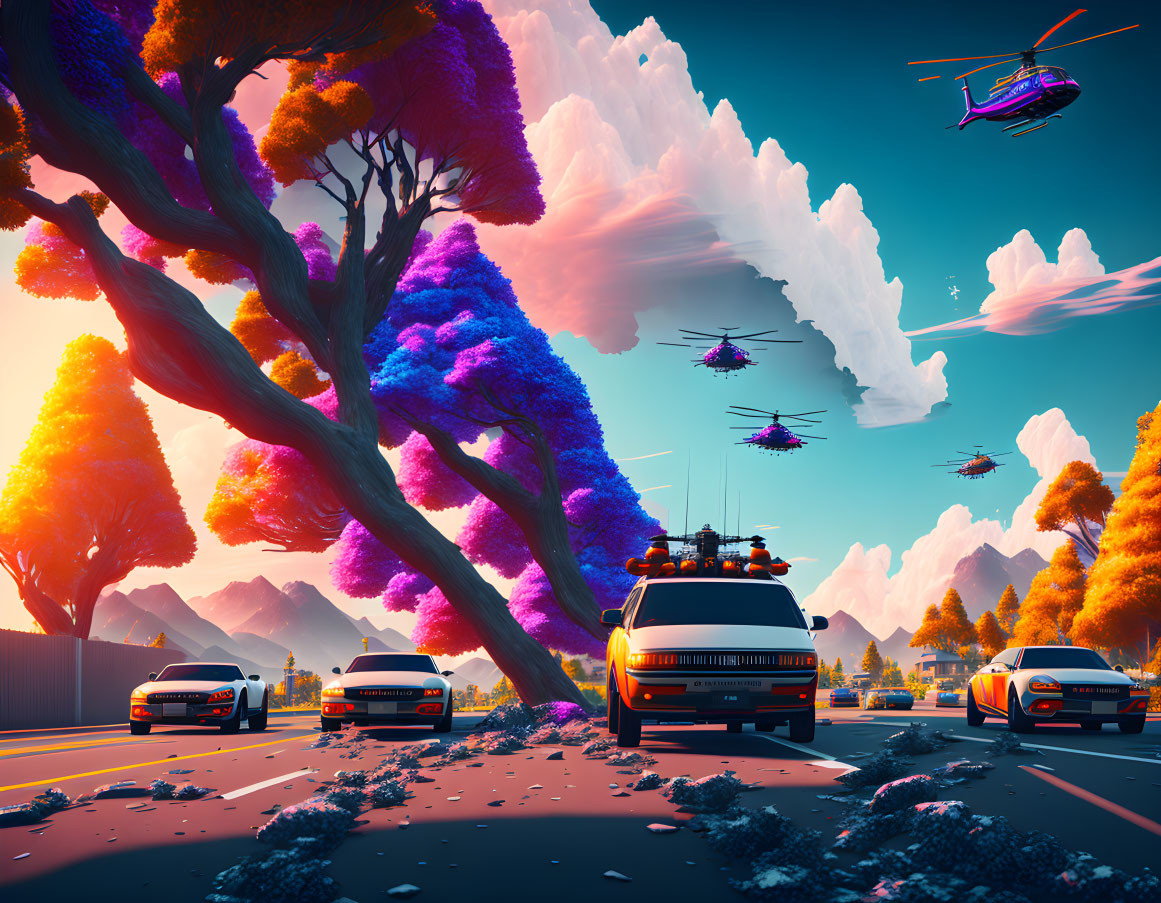 Colorful digital artwork: police cars, helicopters, oversized trees under blue and orange sky