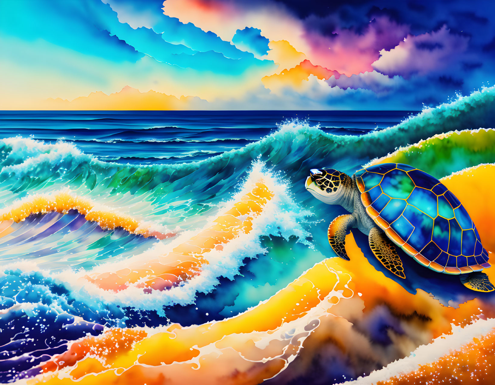 Colorful Sea Turtle Swimming in Sunset Sky