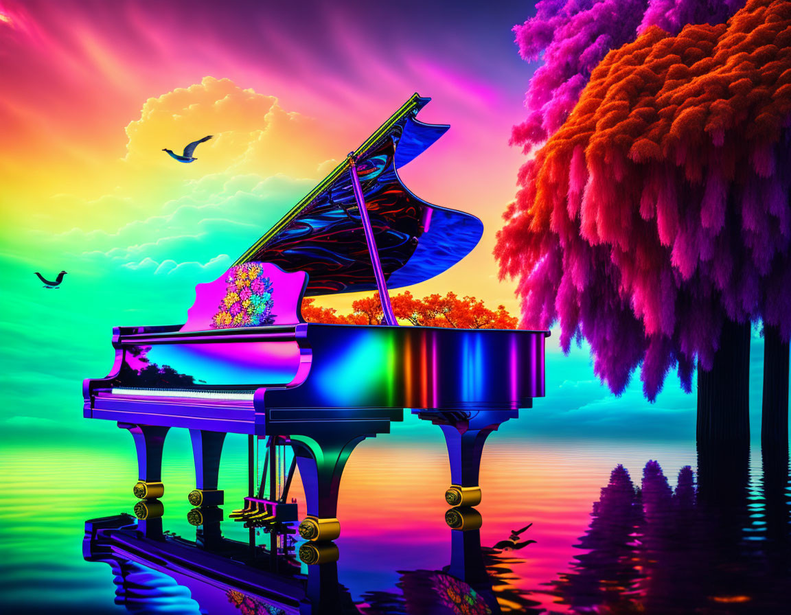 Colorful Grand Piano in Water with Sunset Sky and Pink Foliage