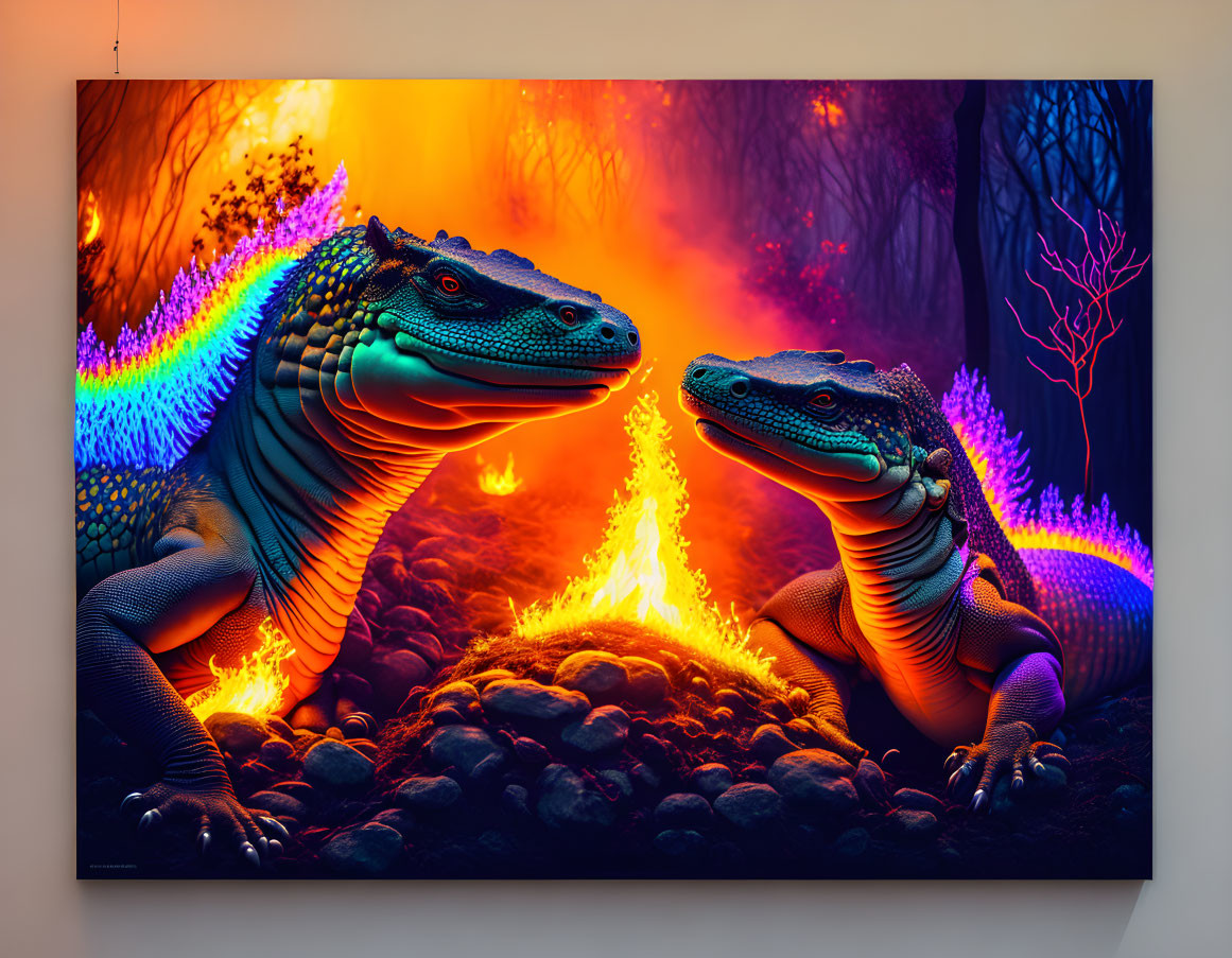 Colorful fantastical lizards in fiery forest wall art