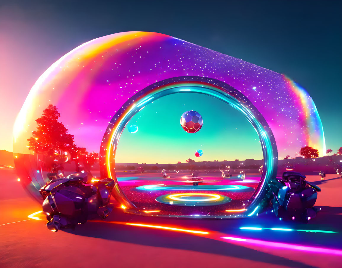 Futuristic sci-fi portal with neon lights, motorcycles, and starry sky at dusk