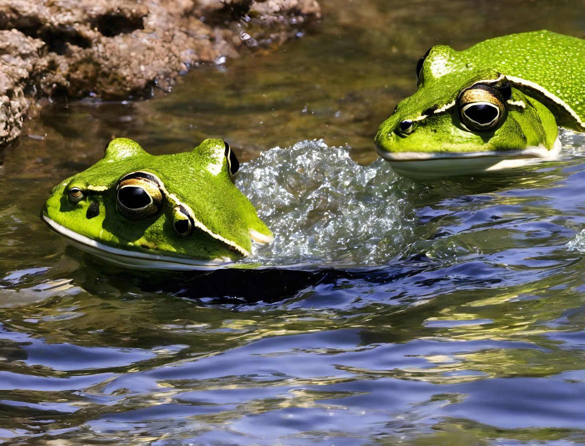 Two bright green frogs partially submerged near rocky edge