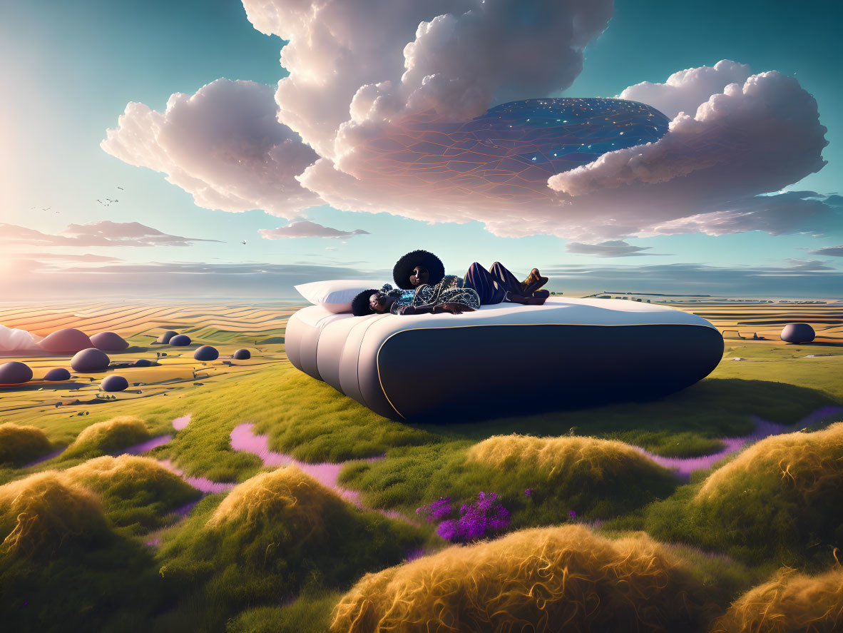 Person reclining on futuristic bed in surreal landscape with fluffy clouds, cosmic elements, and purple flowers.