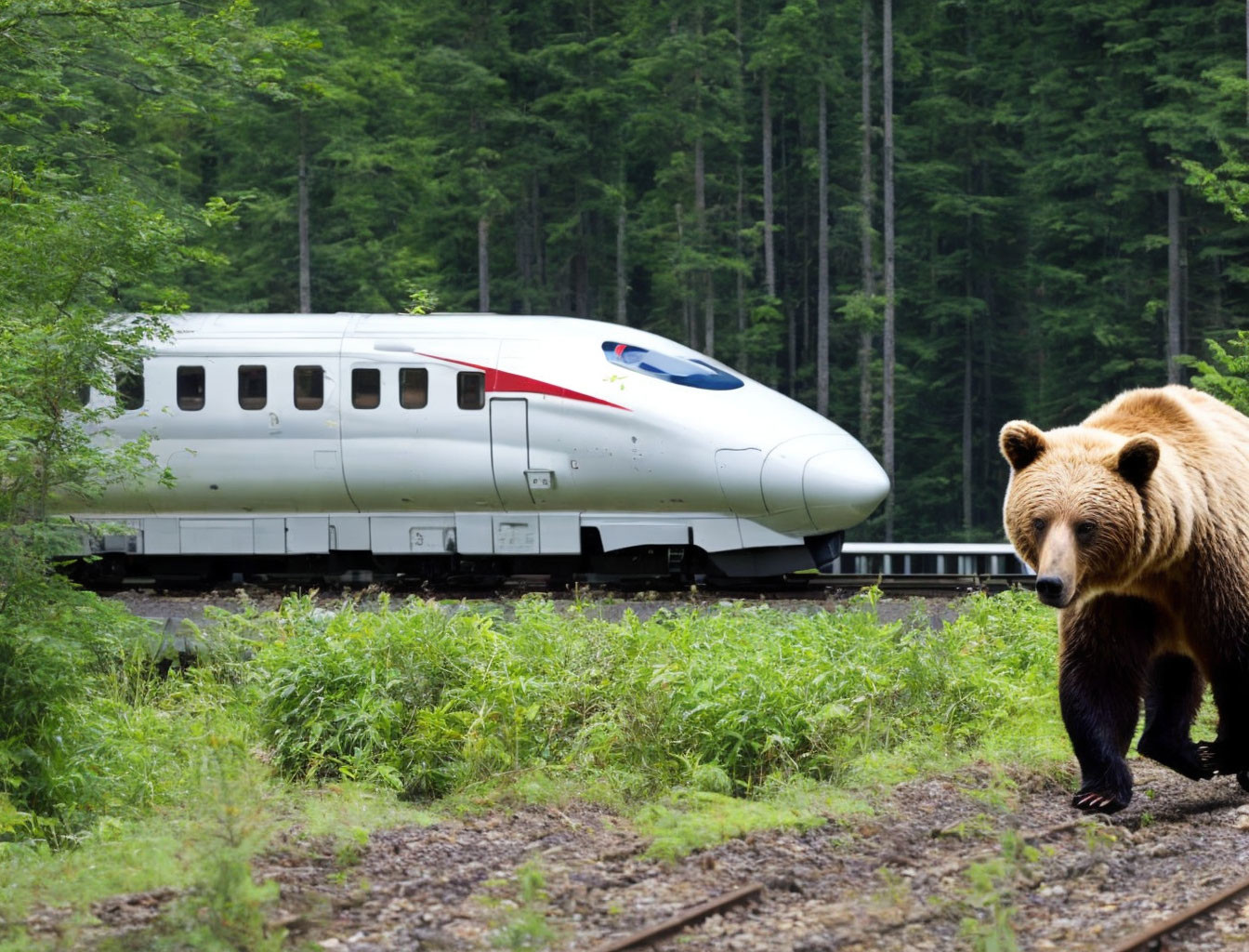 Brown bear on train track with high-speed train in lush forest