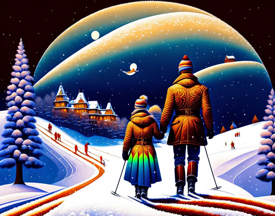 Couple admiring winter village with illuminated houses and moons