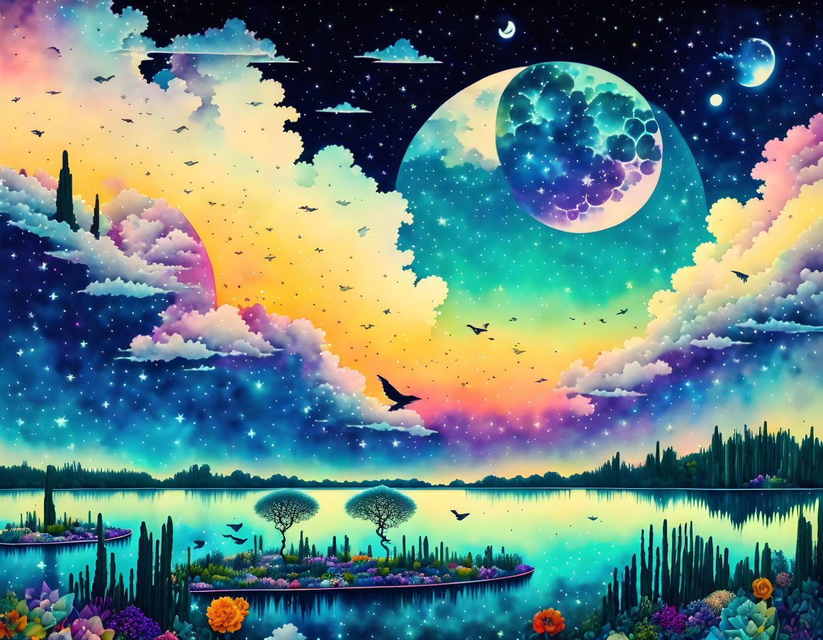 Fantasy landscape with oversized moon, starry sky, birds, sunset, lake & flora