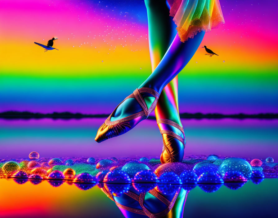 Colorful surreal landscape with ballet dancer on pointe