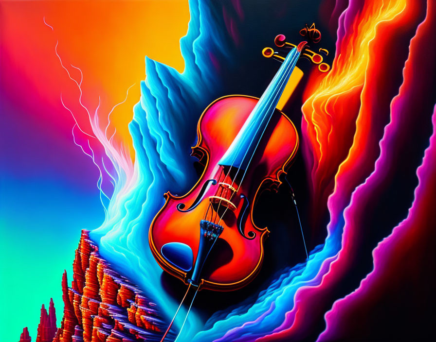 Colorful surreal artwork: violin on contrasting backdrop