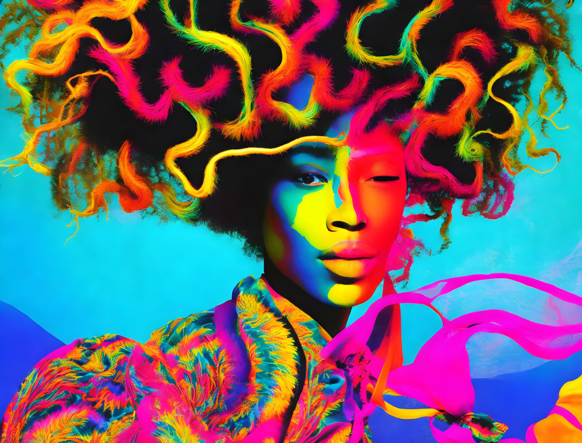 Colorful portrait of a person with neon-curled hair and vibrant makeup on abstract background