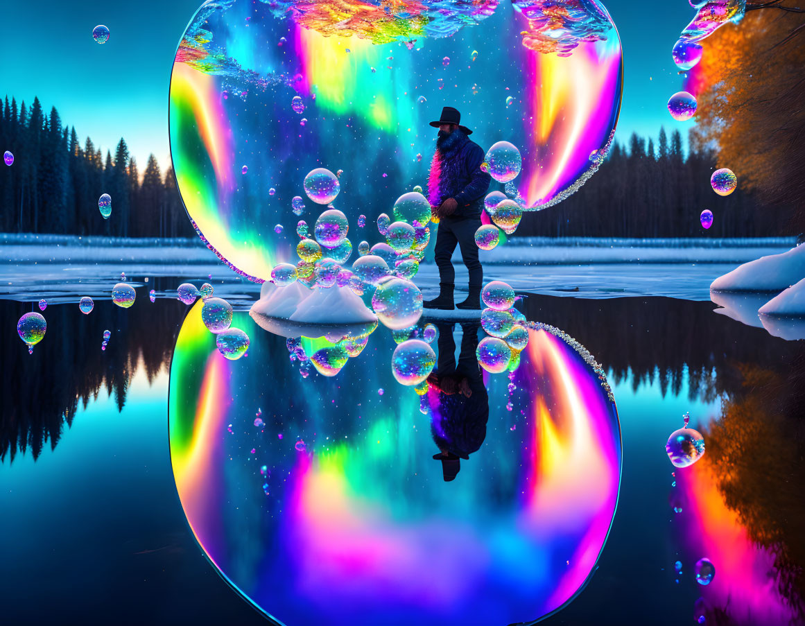 Silhouette of person with hat in colorful bubble reflection by serene water, forest, twilight sky.