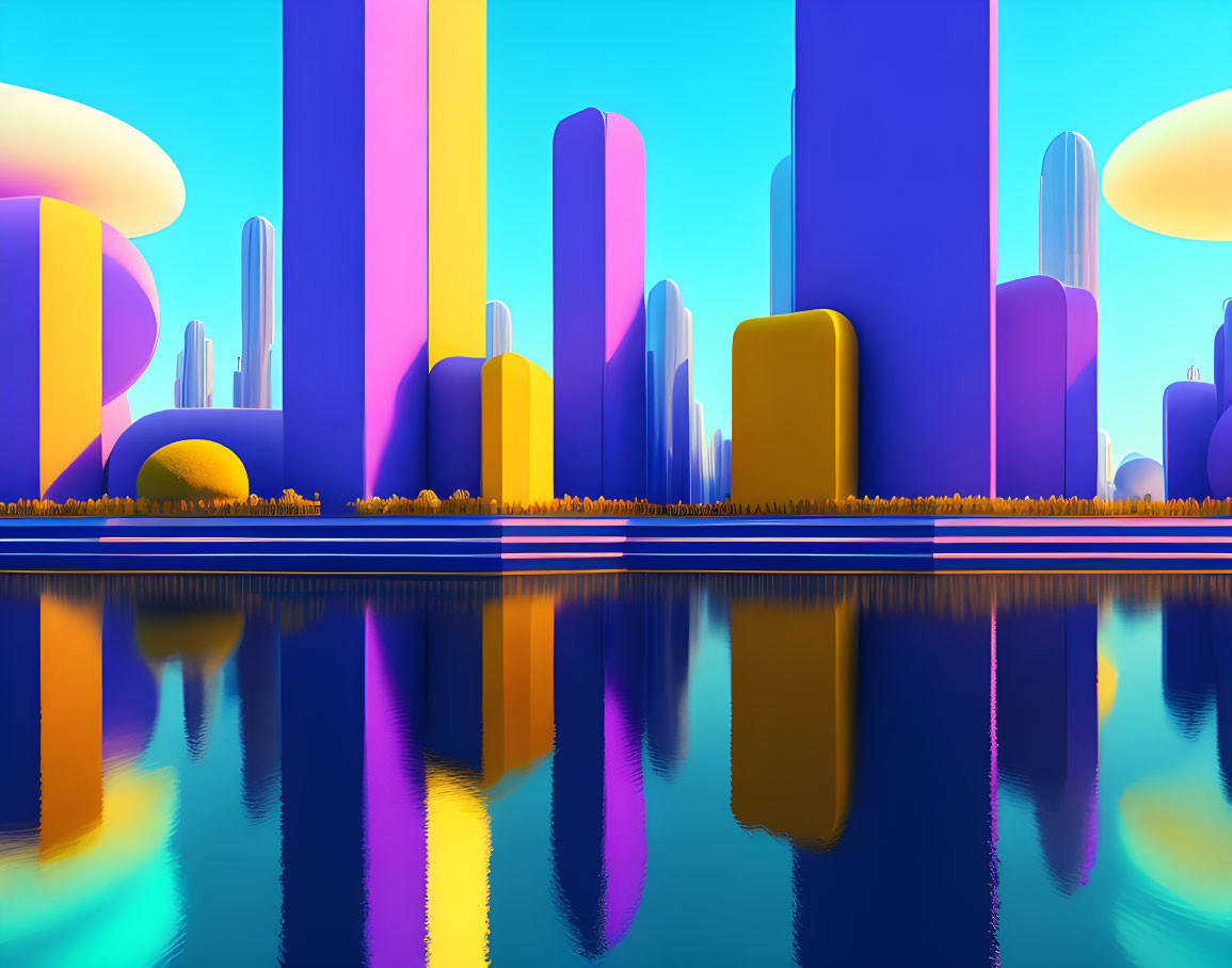 Abstract digital artwork of vibrant cityscape with skyscrapers and rounded structures.