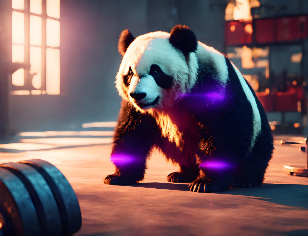 Purple-Glow Panda with Dumbbell in Moody Gym