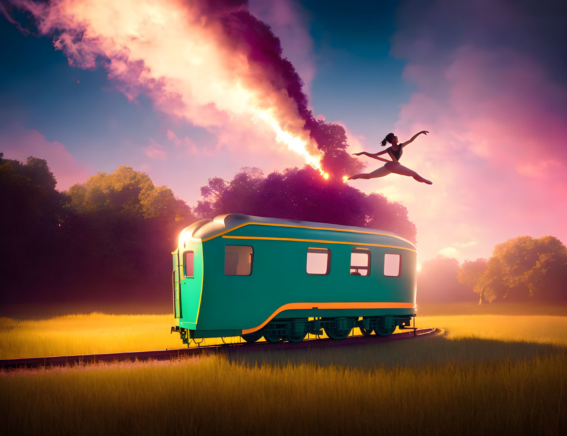 Person leaping over vintage train in vibrant sunset landscape