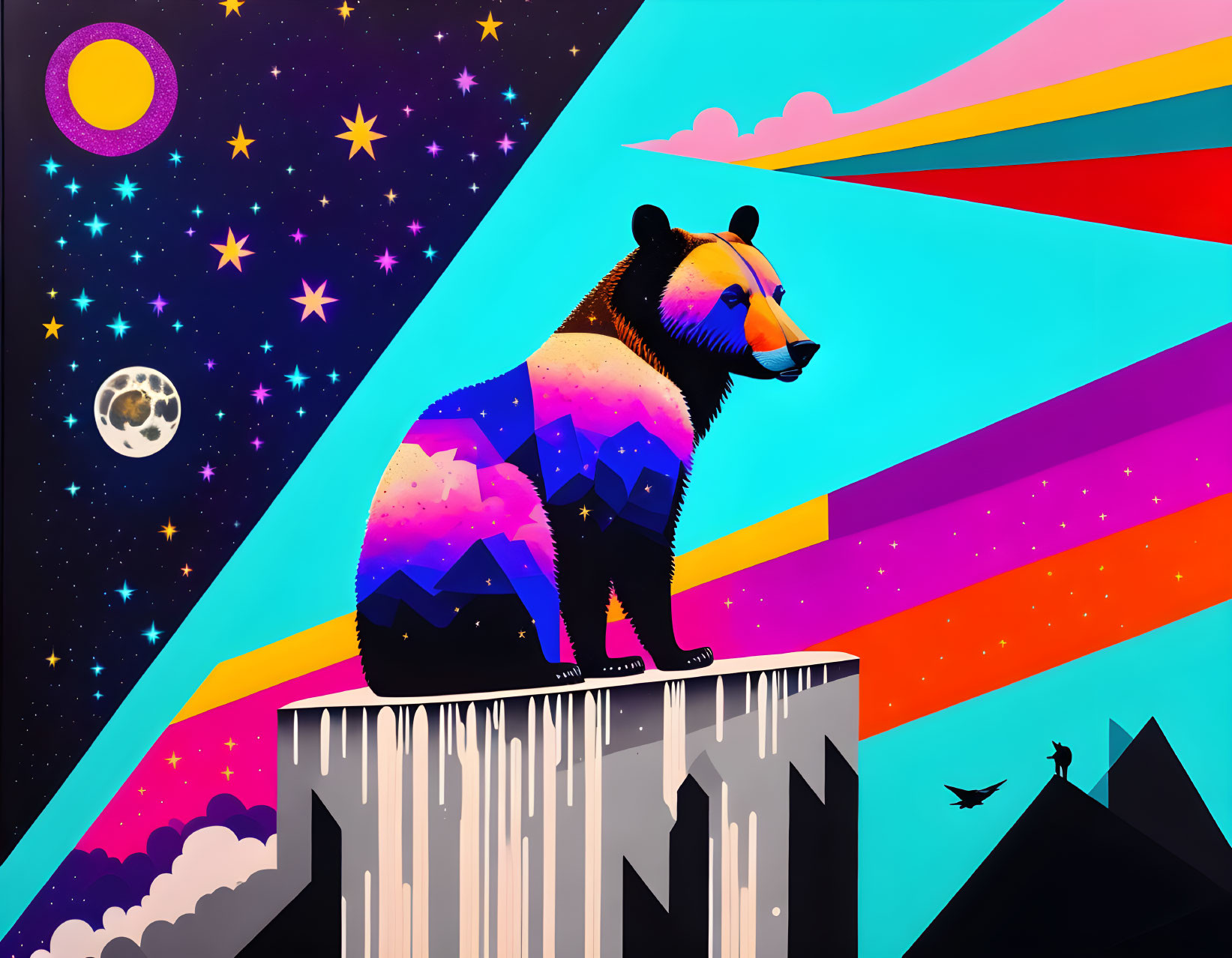 Colorful cosmic bear digital artwork on cliff with abstract shapes