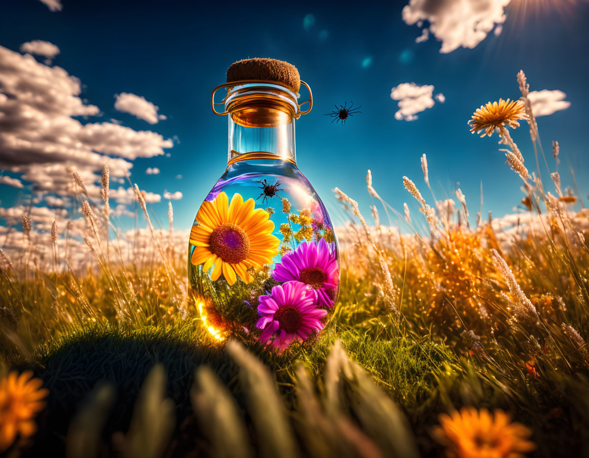 Colorful Flowers in Transparent Bottle with Cork on Grass Under Blue Sky