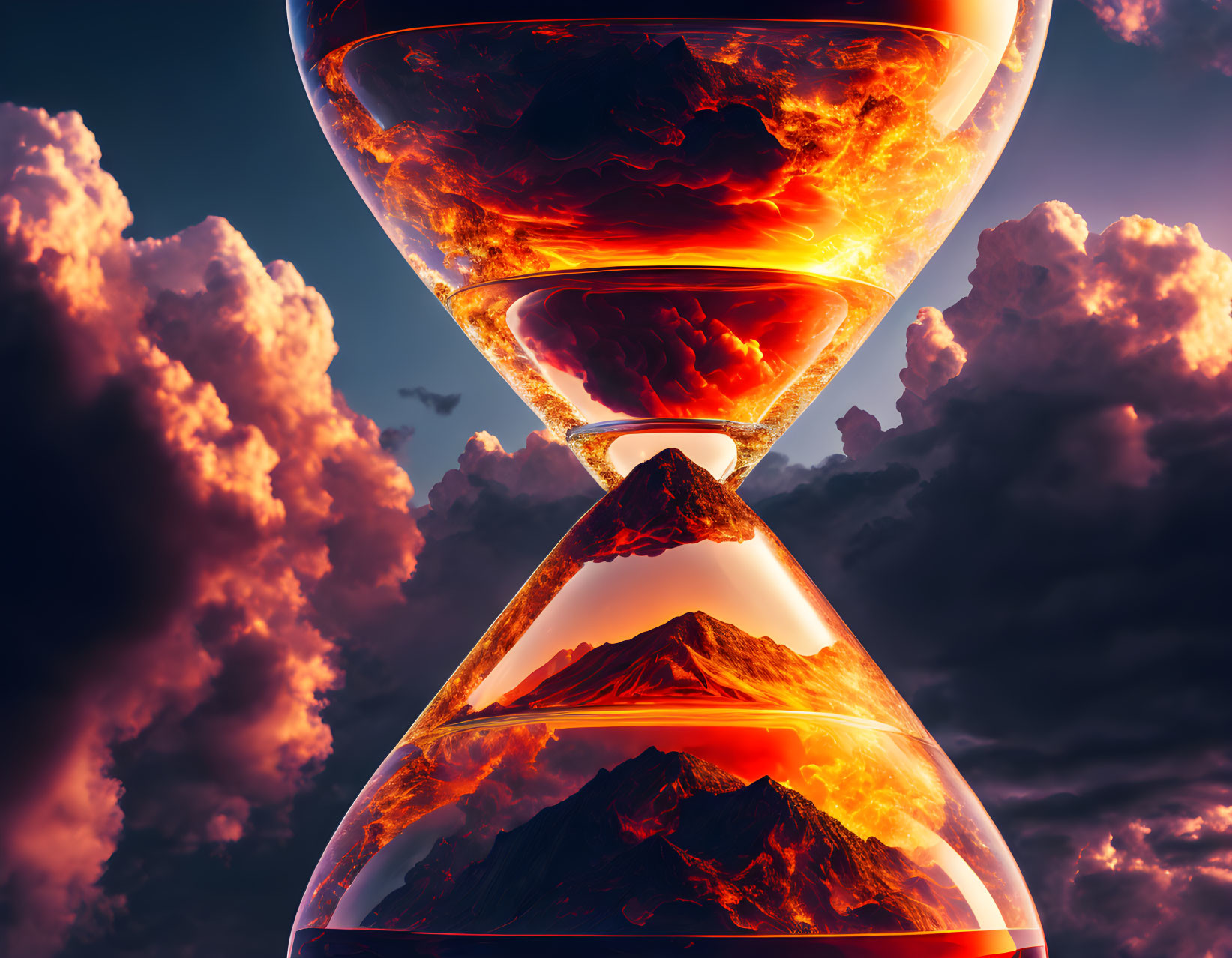 Hourglass with Molten Lava Core and Mountain Landscapes in Dramatic Sky