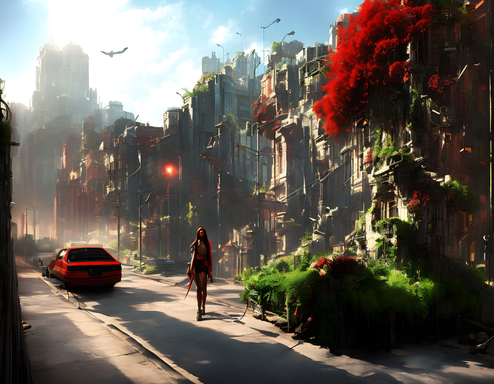 Figure in post-apocalyptic street with overgrown vegetation and red car.