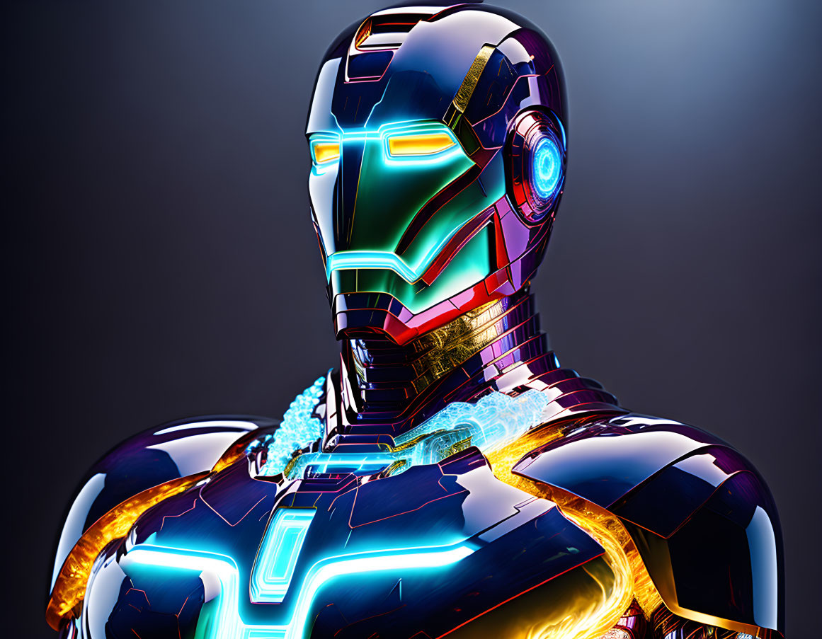 Detailed futuristic armored suit with glowing arc reactor and circuit patterns on dark background