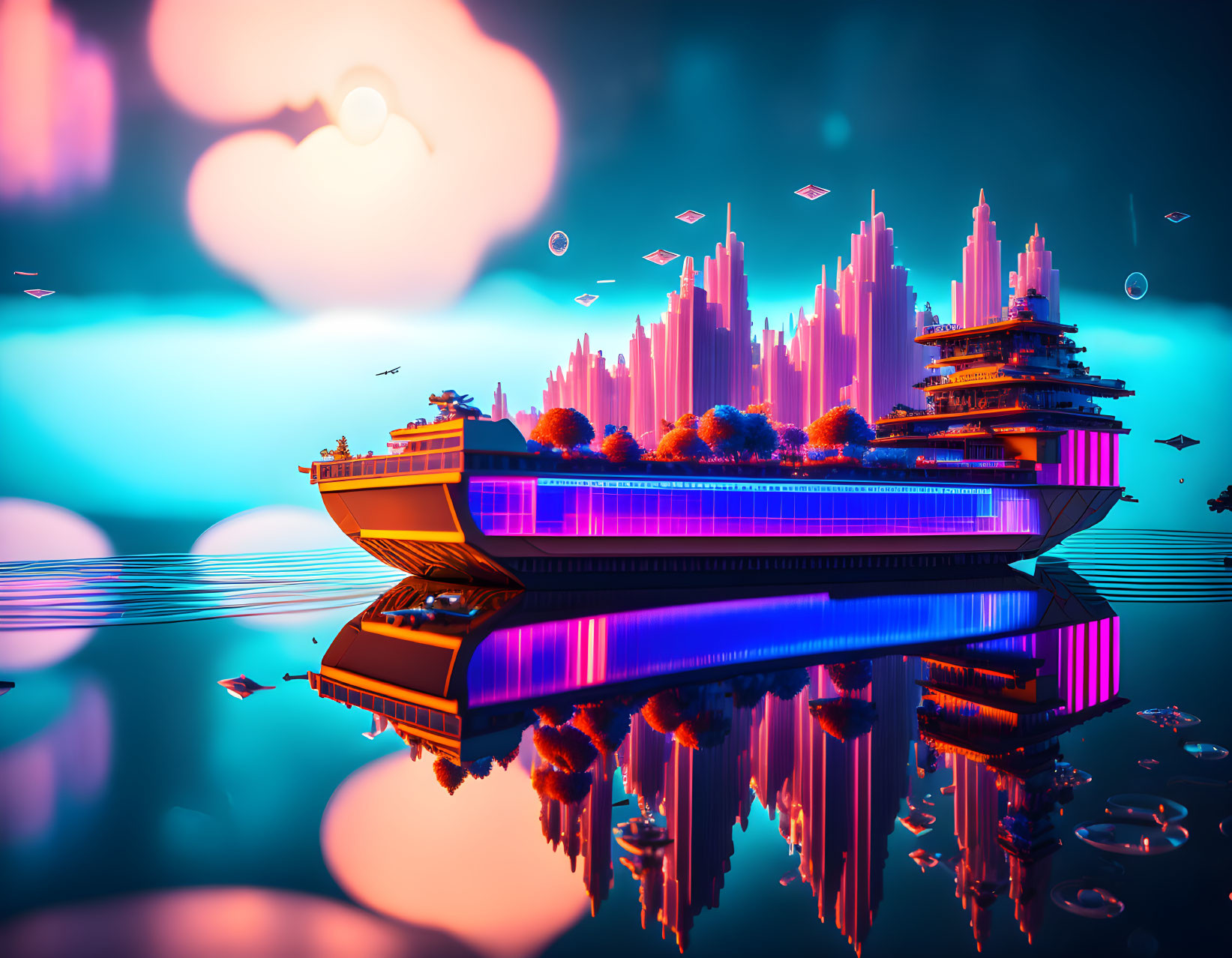 Futuristic floating cityscape with skyscrapers, neon lights, and flying vehicles at sunset