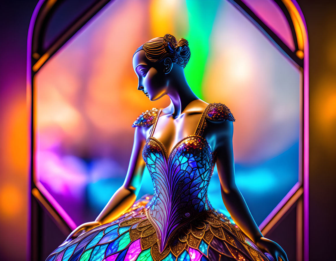 Colorful digital artwork: Woman in butterfly dress on bokeh background