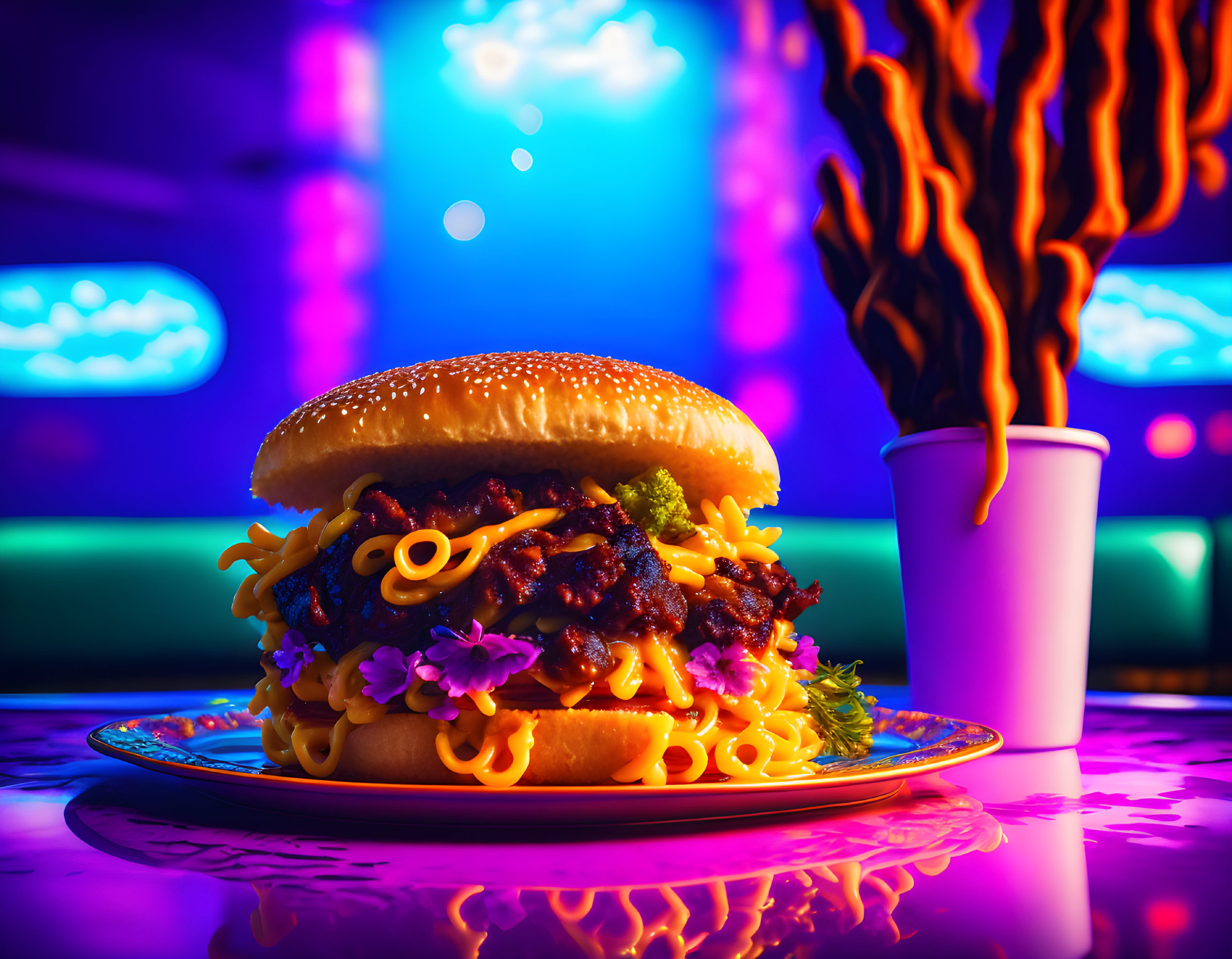 Vibrant Loaded Burger with Colorful Toppings on Plate