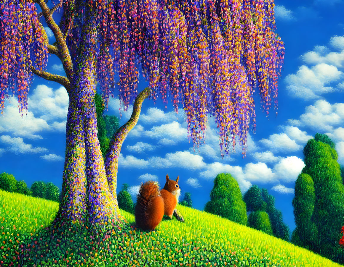 Colorful landscape with blooming tree, lush grass, and squirrel on hill