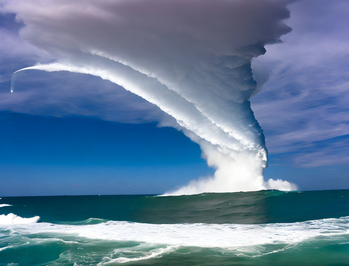 Gigantic waterspout over ocean with churning waves