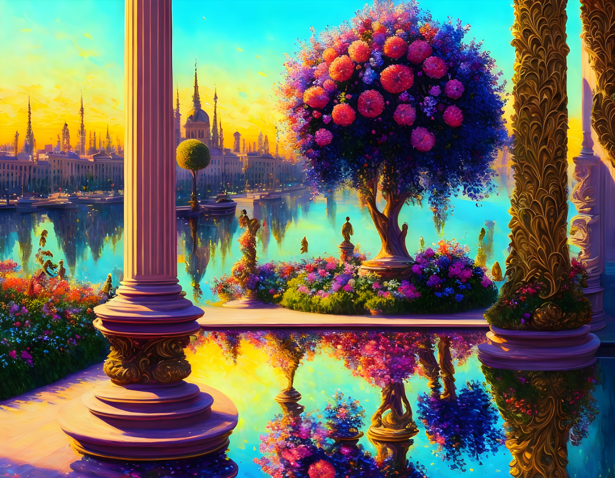 Colorful painting of mirrored waterside scene with ornate pillars, lush trees, and people in a