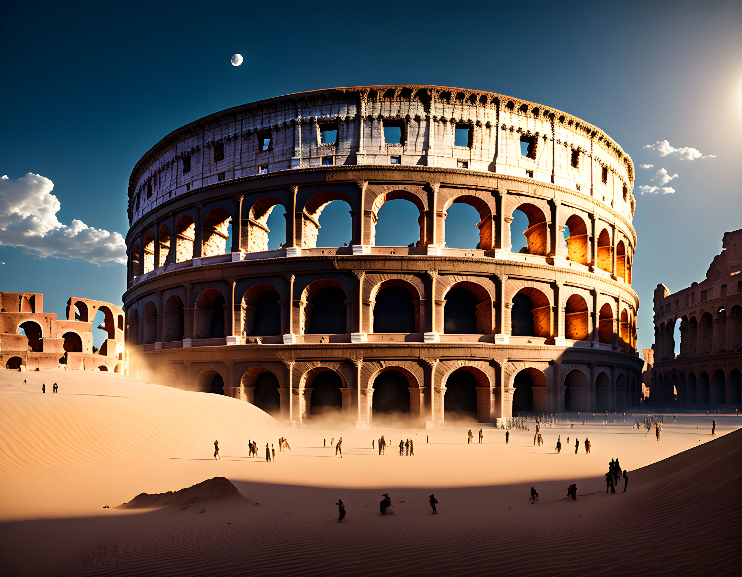 Historic Colosseum at sunset with crescent moon and people around