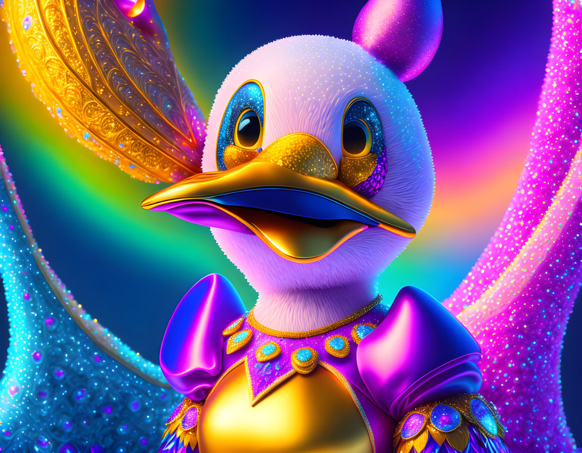 Colorful anthropomorphic duck with iridescent beak in jeweled costume under neon-lit background