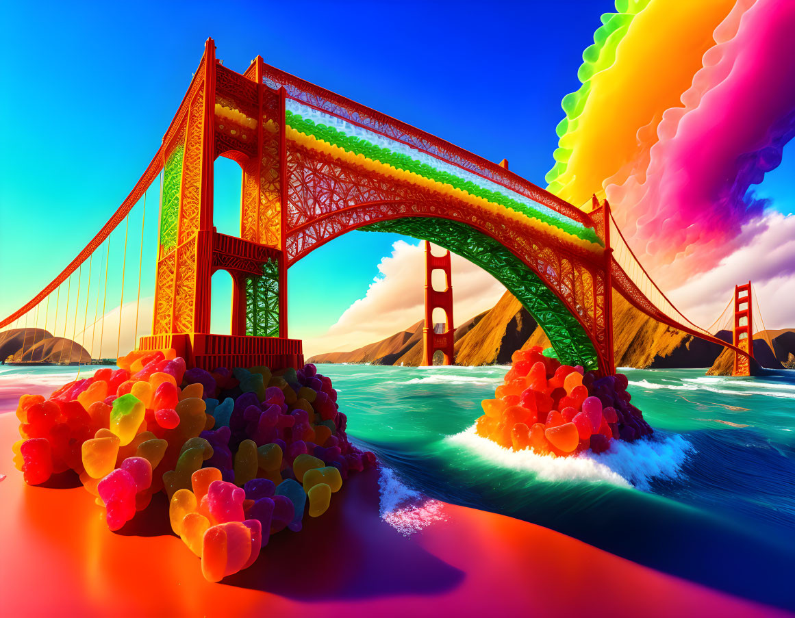 Colorful surreal Golden Gate Bridge scene with multicolored clouds and gummy bears floating on waves