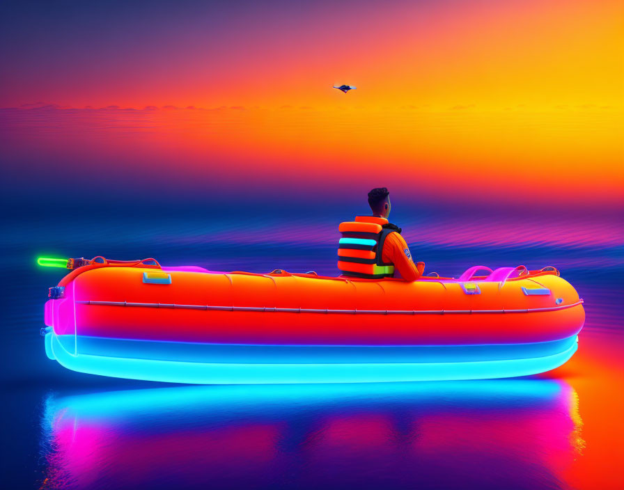 Person in life vest on neon-lit inflatable boat in vibrant sea at sunset with drone.