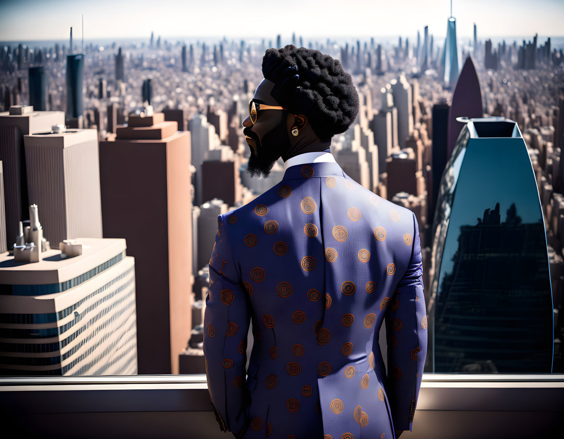 Fashionable man in blue patterned suit overlooking city skyline on sunny day