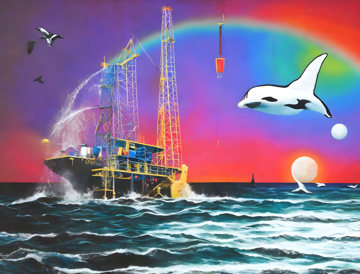 Oil Platform on Rough Seas with Flying Orca, Rainbow, and Birds