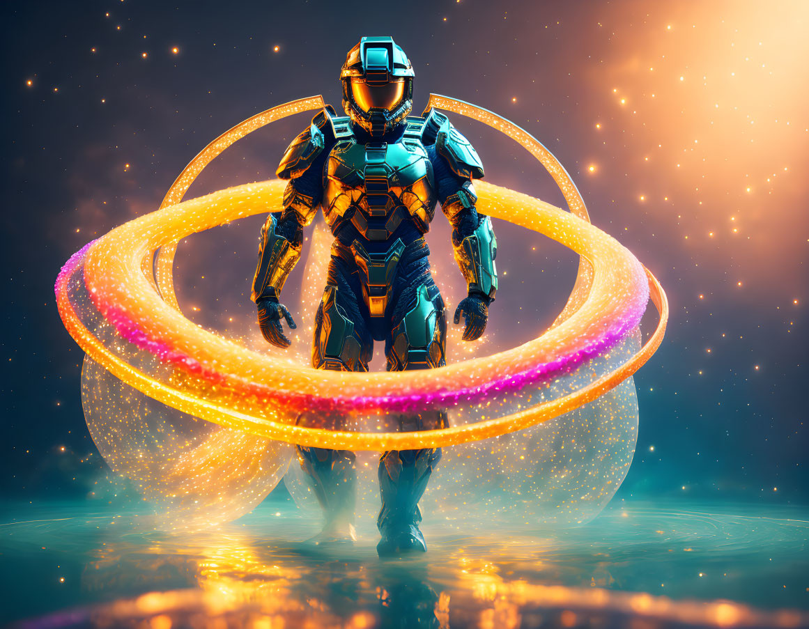 Armored figure with glowing rings in cosmic setting