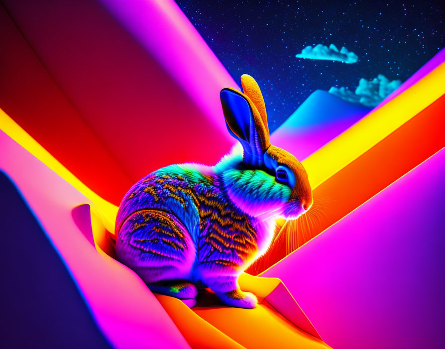 Colorful Rabbit on Neon Surface Under Starry Sky