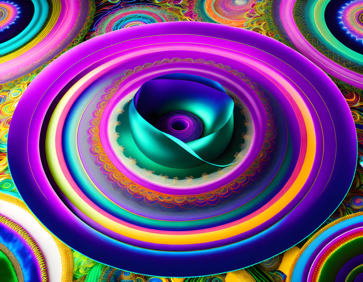 Colorful swirling spiral with intricate fractal patterns