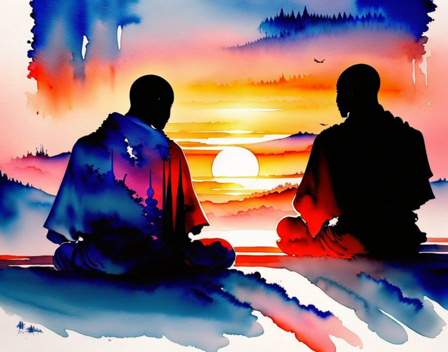 Silhouetted figures meditating at vibrant watercolor sunset