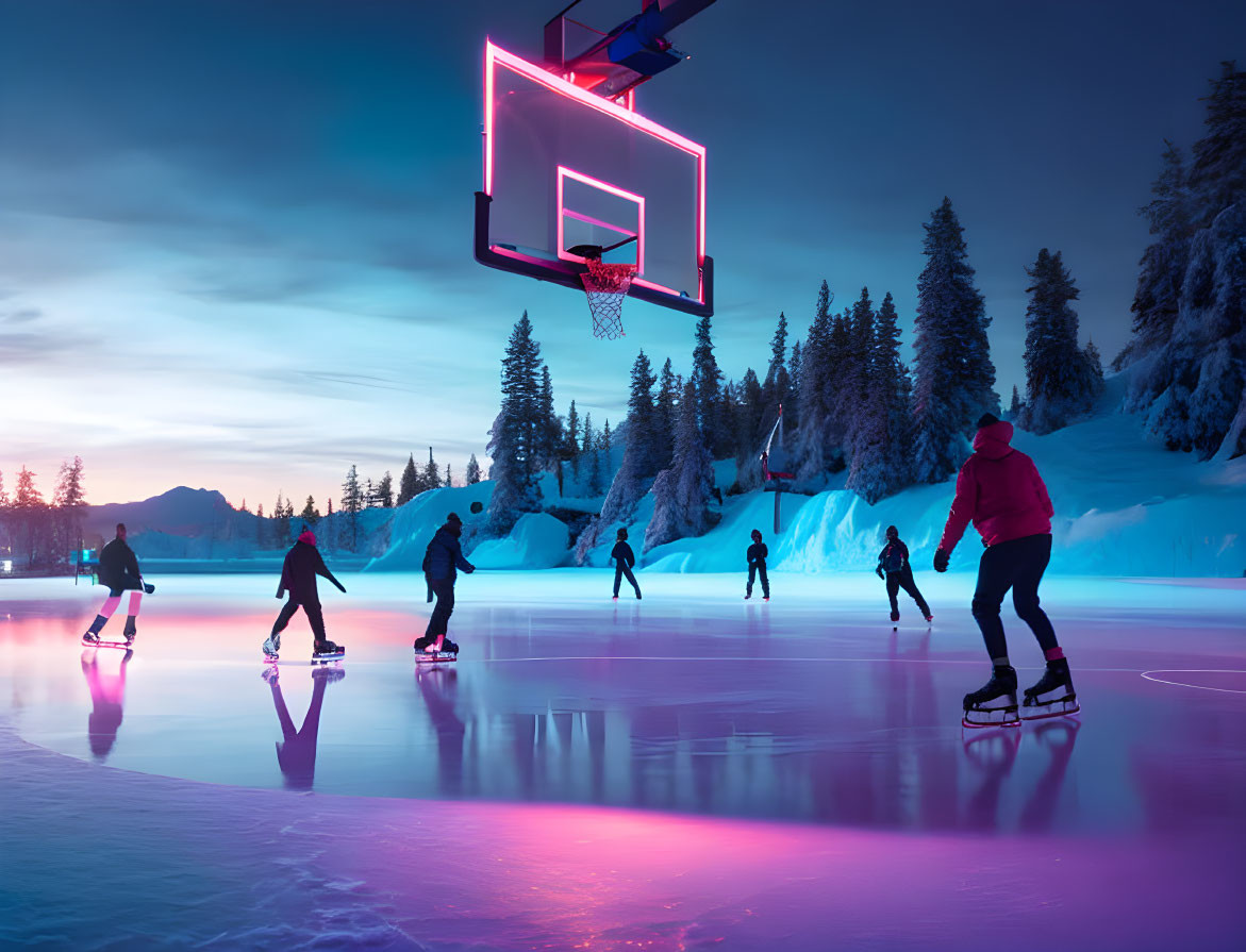 Colorful lights illuminate ice skaters under twilight sky with basketball hoop, trees, and mountains.